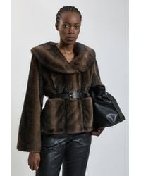 Karen Millen - Faux Fur Oversize Collar Belted Short Coat - Lyst