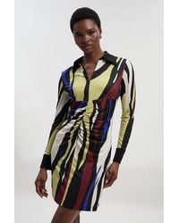 Karen Millen - Tall Abstract Zebra Print Ruched Detail Collared Mini Crepe Shirt Dress - Lyst