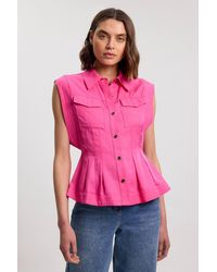 Karen Millen - Premium Viscose Linen Topstitch Woven Blouse With Waist Seam Detail - Lyst