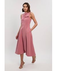 Karen Millen - Compact Stretch Bow Tie Neck Trim Detail Tailored Full Midi Dress - Lyst