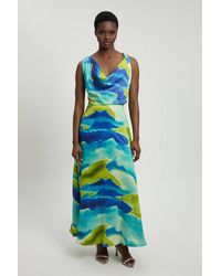 Karen Millen - Aqua Abstract Twist Shoulder Satin Viscose Midi Dress - Lyst