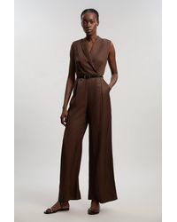 Karen Millen - Premium Viscose Linen Tailored Belted Wide Leg Jumpsuit - Lyst