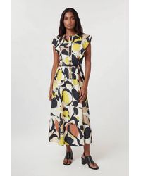 Karen Millen - Abstract Print Viscose Linen Woven Ruffle Sleeve Midi Dress - Lyst