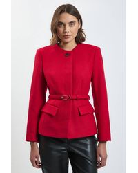 Karen Millen - Wool Blend Belted Collarless Tailored Coat - Lyst