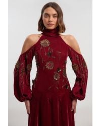 Karen Millen - Velvet Cold Shoulder 3D Floral Applique Woven Maxi Dress - Lyst