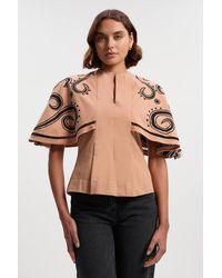 Karen Millen - Baroque Embroidered Cape Sleeve Woven Twill Top - Lyst