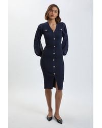 Karen Millen - Viscose Blend Rib Knit Chiffon Sleeve Midi Dress - Lyst