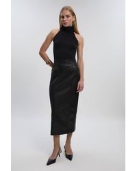 Karen Millen - Faux Leather Seam Waist Detail Pencil Midi Skirt - Lyst