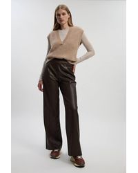 Karen Millen - Faux Leather Seam Detail Wide Leg Tailored Trouser - Lyst