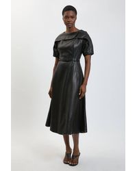 Karen Millen - Faux Leather Belted Midi Dress - Lyst