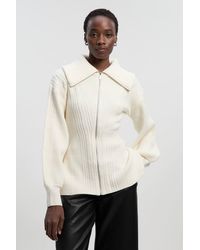 Karen Millen - Cable Knit Balloon Sleeve Peplum Zip Through Cardigan Sweater - Lyst