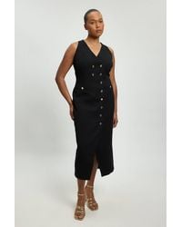 Karen Millen - Plus Size Textured Compact Stretch V Neck Button Detail Midi Dress - Lyst