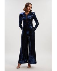 Karen Millen - Sequin Power Mesh Lace Up Detail Long Sleeve Jumpsuit - Lyst