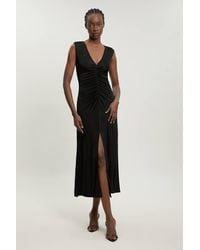 Karen Millen - Plunge Neckline Viscose Crepe Ruched Front Dress - Lyst