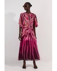 Karen Millen - Tall Animal Print Georgette Embellished Short Sleeve Woven Maxi Dress - Lyst