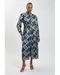 Karen Millen - Plus Size Geo Print Hammered Satin Tie Waist Woven Midi Dress - Lyst