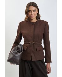 Karen Millen - Wool Blend Belted Collarless Tailored Coat - Lyst