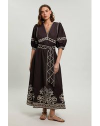 Karen Millen - Embroidered Detail Belted Midi Dress - Lyst