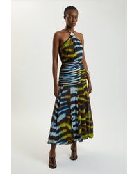 Karen Millen - Viscose Georgette Drop Hem Animal Print Woven Halterneck Maxi Dress - Lyst