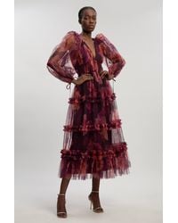 Karen Millen - Floral Tulle Balloon Sleeve Plunge Woven Maxi Dress - Lyst