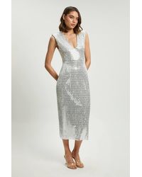 Karen Millen - Premium Crystal Embellished Jersey Sleeveless Plunge Neck Midi Dress - Lyst