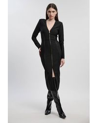 Karen Millen - Petite Pu Tipped Detail Zip Through Bandage Knit Midi Dress - Lyst