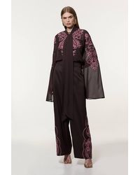 Karen Millen - Tall Cutwork Beaded Twill Wide Leg Woven Trouser - Lyst