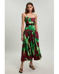 Karen Millen - Petite Viscose Linen Palm Tree Belted Drop Waist Woven Midi Dress - Lyst
