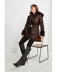Karen Millen Faux Fur Trimmed Parka Coat - Brown