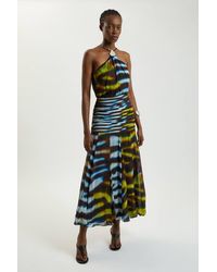 Karen Millen - Petite Viscose Georgette Drop Hem Animal Print Woven Halterneck Maxi Dress - Lyst