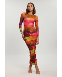 Karen Millen - Marbled Print Mesh Ruched Maxi Dress - Lyst