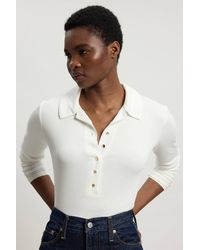 Karen Millen - Viscose Rib Jersey Long Sleeve Collared Button Top - Lyst