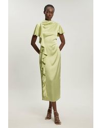 Karen Millen - Petite Textured Satin Ruffle Detail Midi Dress - Lyst