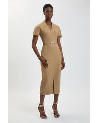 Karen Millen - Petite Compact Stretch Tailored Belted Midi Pencil Dress - Lyst