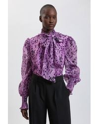 Karen Millen - Spot Animal Print High Neck Ruched Detail Blouse - Lyst