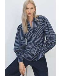 Karen Millen - Forever Cotton Poplin Drama Sleeve Woven Wrap Detail Blouse - Lyst