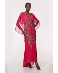 Karen Millen - Tall Feather Embellished Woven Cape Sleeve Maxi Dress - Lyst