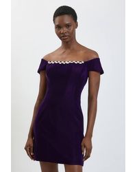 Karen Millen - Embellished Trim Velvet Mini Dress - Lyst