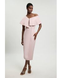 Karen Millen - Petite Polished Linen Blend Asymmetric Fold Detail Tailored Midi Pencil Dress - Lyst