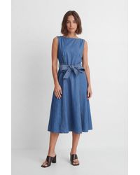 Karen Millen - Denim Belted Full Skirt Tailored Dress - Lyst