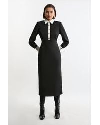 Karen Millen - Petite Techno Cotton Woven Maxi Shirt Dress With Clasps - Lyst