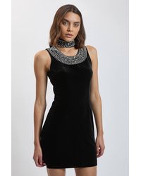 Karen Millen - Crystal Trim Velvet Mini Dress With High Neck - Lyst