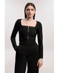 Karen Millen - Pu Tipped Detail Zip Through Bandage Knit Top - Lyst