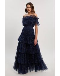 Karen Millen - Polka Dot Tulle Layered Off The Shoulder Maxi Dress - Lyst