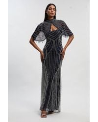 Karen Millen - Crystal Embellished Woven Maxi Dress With Removable Cape - Lyst