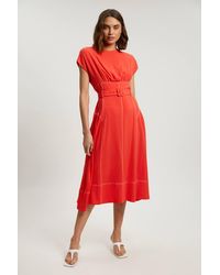 Karen Millen - Contrast Topstitch Belted Midi Dress - Lyst