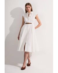 Karen Millen - Tailored Cotton Belted Collared Full Midi Dress - Lyst