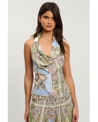 Karen Millen - Petite Satin Viscose Trim Detail Patchwork Print Top - Lyst