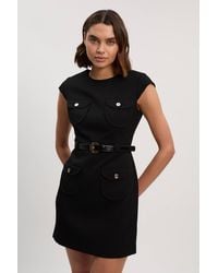 Karen Millen - Textured Compact Stretch Tailored Belted Mini Dress - Lyst