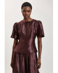 Karen Millen - Petite Metallic Textured Puff Sleeve Top - Lyst